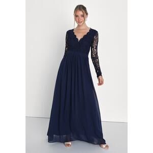 Lulu's Awaken My Love Maxi Gown Navy Blue Lace Backless Long Sleeve Sz L